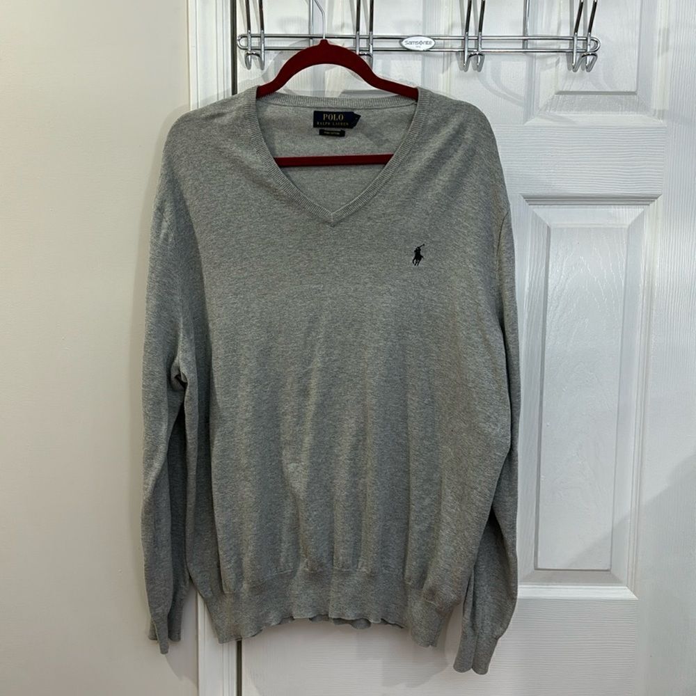 Polo Ralph Lauren V-Neck Sweater Mens Grey Pima Cotton Logo XL